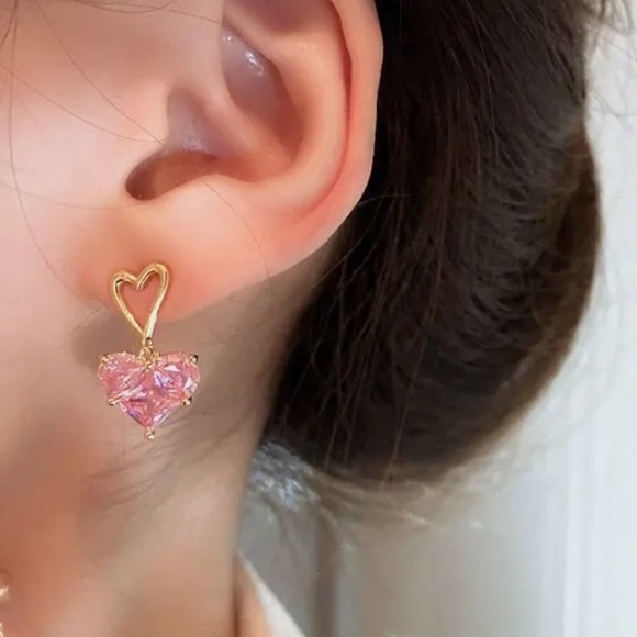 Gold Filled Pink CZ Heart Earrings - Picture 2 of 2